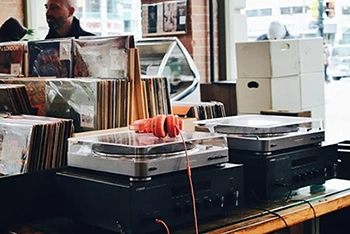 a vinyl record player used at the shop